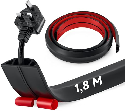 CREWORKS 1,8 m Pasacables Suelo, Protector de Cable con 3 Canales y Adhesivo, Canaleta Pasacables para Suelo de PVC para Hogares, Oficinas, Garajes Negro