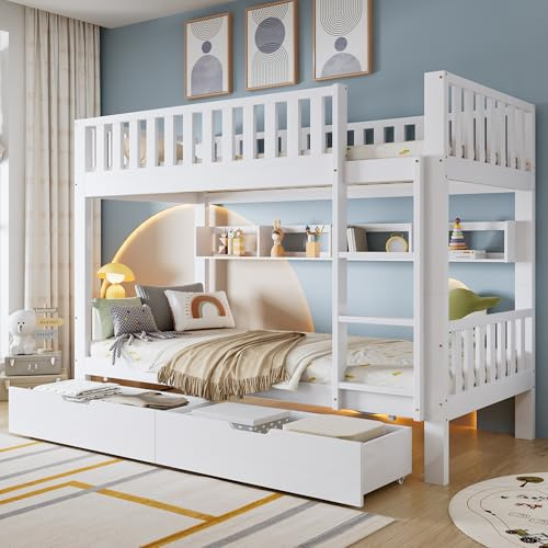 Merax Wooden Bunk Beds for Kids, 3FT Loft Bed with Stairs and Guard Rail, Single Bed with Slatted Frame, Space-Saving Kids Bed with Shelf and Drawer Storage, White, 90x190 cm (No Mattress)