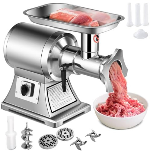 Tritacarne Commerciale 3 in 1, Tritacarne Elettrico da 750 W e Insaccatrice for Salsicce con 2 Lame, 2 Piastre da Taglio, 3 Tubi for Insaccatrice e Kit Kubbe, Tritacarne in Acciaio Inossidabile da 250