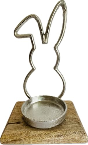 khevga Photophore de Pâques en bois de manguier et métal - Décoration de table de Pâques avec lapins en métal - Bougeoir unique pour bougies de 7 cm - Décoration en bois naturel pour salon et salle à
