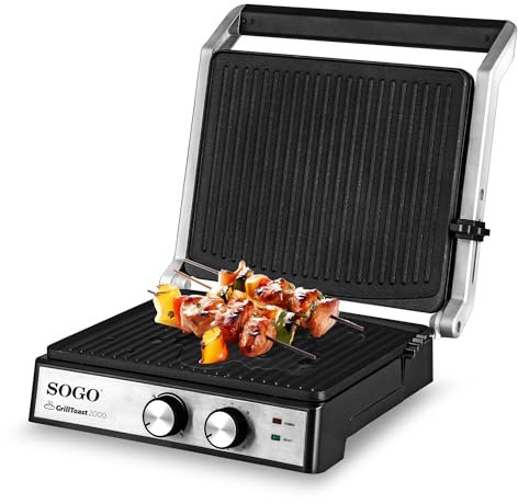 SOGO Paninis (SS-7132) - Sandwich Grill 2000 W con apertura a 180° e piastre lisce antiaderenti - Griglia elettrica multiuso per carne, pesce, bikini, panini (SS-7132)
