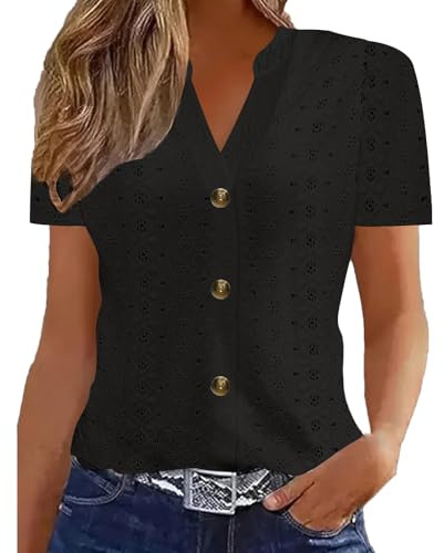 Womens Summer Tops Babydoll Short Sleeve Shirts Button V Neck T Shirts Hollow Out Eyelet Tunic Blouses Dressy Casual Blouses Trendy Loose Fit Tees Shirt Going Out Tops
