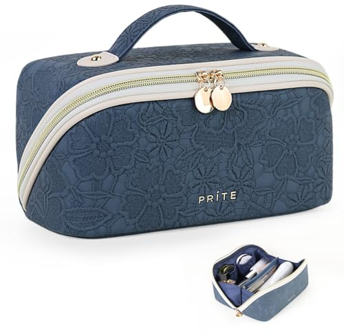 Prite Travel Cosmetic Bag Makeup Organizer Bag For Women Large Capacity Waterproof PU Leather Toiletry Bag with Handle and Clear Divider(Blue Flower)