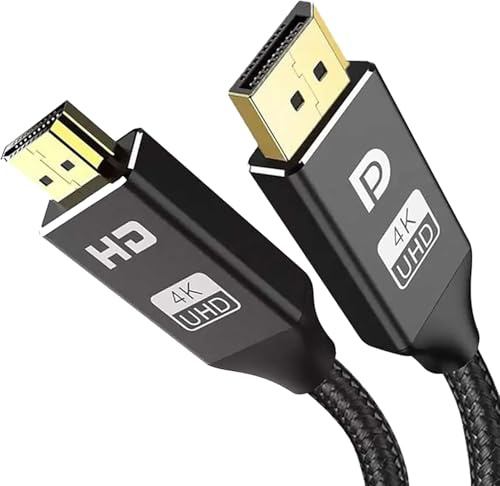 KabelDirekt – Adaptador de cable 4K DisplayPort 1.4 a HDMI 2.1, con conectores metálicos y trenzado – 2x 2m (4K/60Hz de la PC portátil con DP a la TV/monitor – DP a HDMI, unidireccional – Negro)