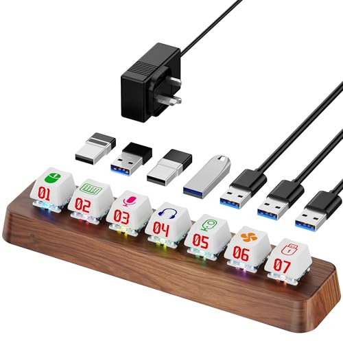 AODUKE Hub alimentado por USB 3.0 de 7 puertos con diseño de madera de nogal, transferencia de datos de 5 Gbps, iluminación RGB, expansor de interruptor de teclado mecánico de 3 pines intercambiable