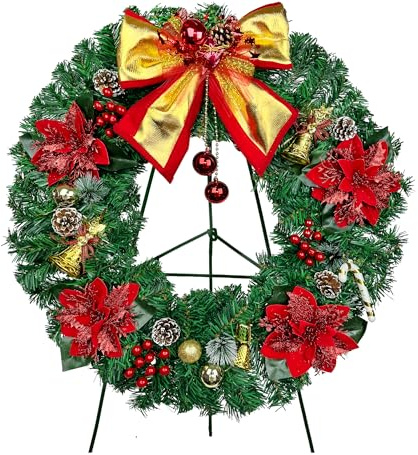 Naramiji Cemetery Wreath for Grave, Red Roses Poinsettias Wreath with 30 Inch Easeal Stand, Fade-Resistant
