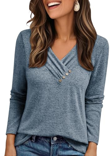Cuptacc Maglietta Donna Maniche Lunghe Tinta Unita Leggera Scollo A V Maglione Bottoni Decorativi Plissettato comodità Pullover Donna Blu Navy XL