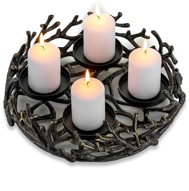 Romadedi Couronne de l'Avent Vintage en forme de bois de cerf Noir: Bouquet d'Avent rond petit en aluminium Ø 28 cm pour 4 bougies Ø 8 cm - Plateau de Noël pour table