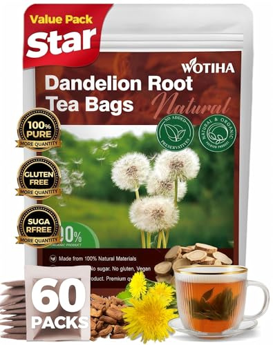 WOTIHA 60 Count Premium Dandelion Root Tea Bags - 100% Natural Roasted, Supports Liver & Kidney Health, Digestion & Immunity, Caffeine-Free, Additive-Free, Gluten-Free, Vegan.