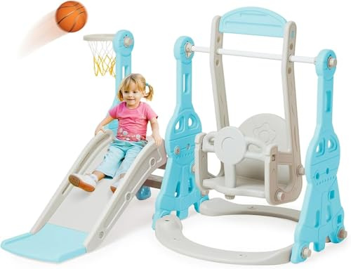 YULEYU FBM-TTHT-Blue-DE Ensemble de toboggan d'intérieur pour bébé avec pneus de basket-ball et balançoire réglable en hauteur
