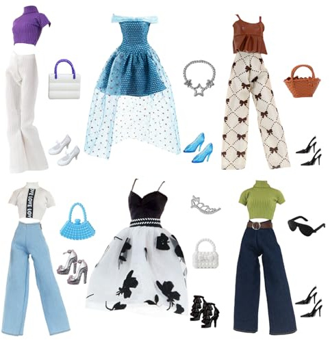 Juego de 23 piezas de ropa y accesorios para muñeca de 11.5 pulgadas, 6 juegos de ropa de muñeca incluyen 4 tops, 4 pantalones, 2 faldas, 4 bolsas, 6 tacones altos, 1 gafas de sol, 1 corona, 1 collar