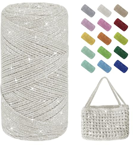 Uiopa Glitzer Häkelgarn für Taschen, Makramee Garn 1,5mm x 280m Baumwollgarn zum Häkeln und Stricken, Polyester Rope Garn für Taschen, Körbe, Dekoration, DIY-Projekte