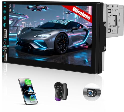 CAMECHO Autoradio 1 DIN Inalámbrica Carplay Android Auto Bluetooth con Pantalla Táctil LED 7 Pulgadas con Youtube Online, Mirror Link, Control en el Volante + 2 Conexiones USB AUX Tipo C