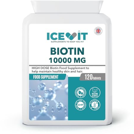 ICEVIT Biotin 10,000 µg – High Strength Vitamin B7 (10 mg) – 120 Vegan Tablets – UK Made, GMP, Non‑GMO, Gluten Free – Support Hair, Skin & Nail Health