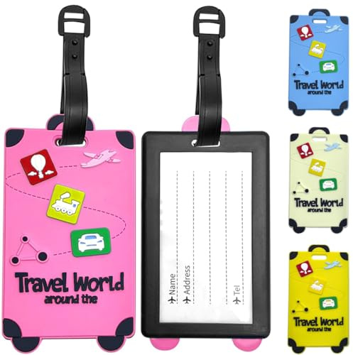 KIRZAX 4 Unidades Identificador de Maletas, Etiquetas de Maleta de Silicona Suave de Color Brillante,Etiquetas para Maletas con Tarjeta de Identificación Impermeable, para Viajes, Equipaje Facturado