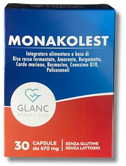 Monakolest Riso Rosso Fermentato Coenzima Q10 30 Capsule 470mg | Monacolina K Colesterolo, Cardo Mariano Bergamotto, Senza Glutine, Senza Lattosio