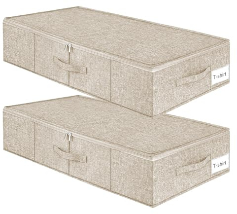 2 stycken förvaringslådor för undersäng, undersängsbord, vikbar förvaring under säng, stor, förvaringslåda med dragkedja och handtag för skor, kuddar, kläder, täcken (beige)