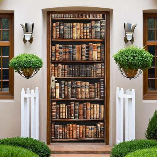 Retro-Stil Türtapete Selbstklebend 86 x 200 cm Bücherregale und Bücher Türfolie Vinyl Türposter Wandtattoo Türsticker Wasserdicht Türdeko Schlafzimmer Toilette