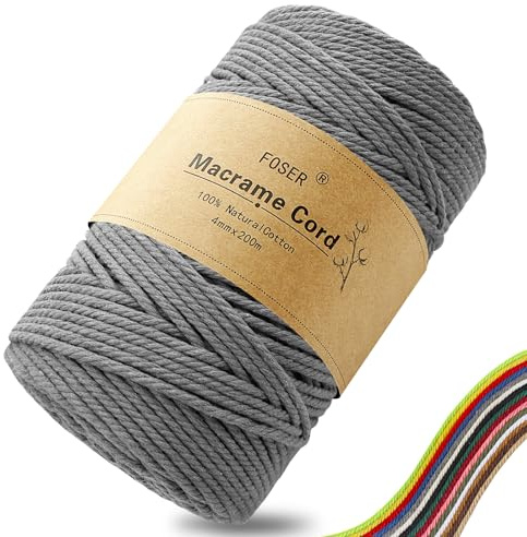 FOSER Premium Makramee Garn 4mm × 200m, Natürliches Makramee Schnur Makramee Kordel für Handwerk, wanddeko (Grau)