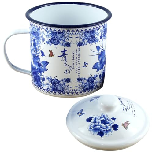 TOYANDONA Taza Esmaltada Vintage de 500 Ml Tapa, Taza de Esmalte Estilo Antiguo Azul de 9 Cm, Ligera y Resistente para Té y Camping, Utensilio Adecuado para Hogar y Viajes