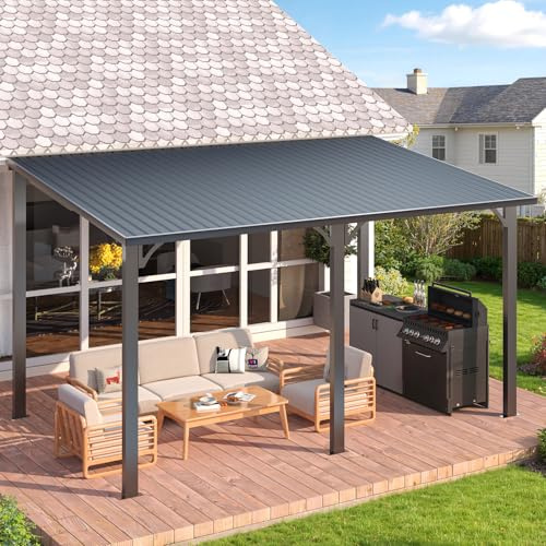 YODOLLA Pergola Adossée Aluminium 4.3 × 2.4 m, Gazebo à Toit Rigide, Pergola Murale pour Terrasse Extérieur, Pavillon de Jardin, Toit Incliné pour Ombre - Résistant aux UV & Intempéries - Noir