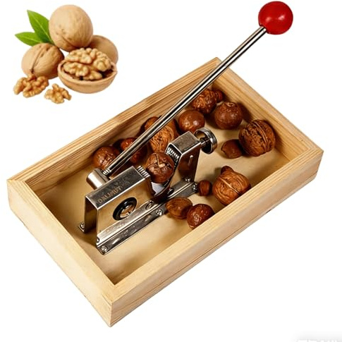 Heavy Duty Nut Cracker Tool, for Pecans, Walnuts & Macadamia | Stainless Steel Lever Cracker with Wooden Base & Collection Tray | Adjustable Nutcracker for All Hard Shells