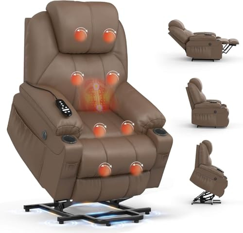 BareTay Relaxsessel für ältere Menschen, Power-Liegestuhl mit Massage und Wärme, verlängerte Fußstütze, Typ C + USB-Anschlüsse, 2 Getränkehalter, Zwei Seitentaschen, Liegestühle, Loungesofa