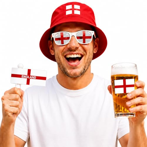 England 2026 Merchandise - England Fan Kit 4-Piece Supporter Set - St George Bucket Hat, Pint Glass, Glasses & Noise Makers. Football Party Decorations for Womens & Men's Accessories