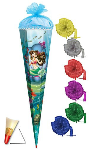 Schultüte - Meerjungfrau mit Fischen 85 cm - incl. Schleife mit Holzspitze/Tüllabschluß - Zuckertüte Roth - Nixe Prinzessinnen Prinzessin für Mädchen