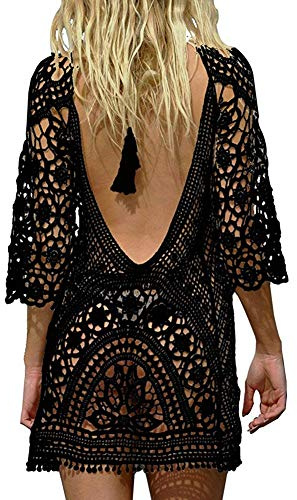 Mujer Trajes De BañO Suelto Borla Cubrir Tapa De Vestido De Bikini De Cover Up Playa (PequeñA Negro)