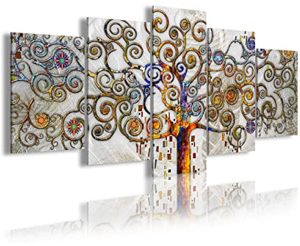 DekoArte 478 - Quadri moderni Stampa Artistica | 5 Pezzi 200x100cm | Tela Decorativa Per soggiorno o Stanza da letto | Stile Astrazioni Albero della Vita Gustav Klimt Argento