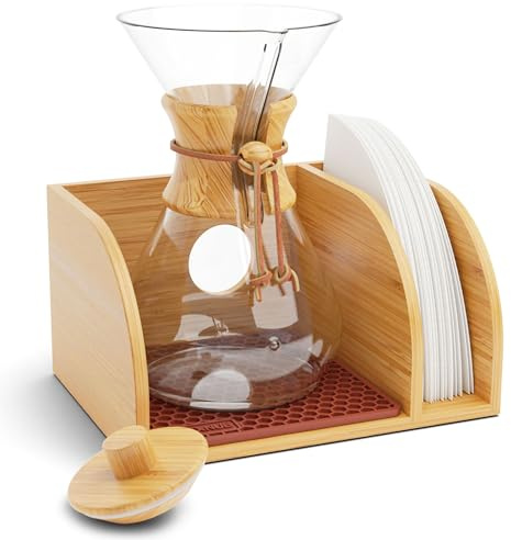 HEXNUB Caddy and Lid for Pour Over Coffee Maker, Bamboo Stand fits Chemex, Bodum, Cosori Carafes, Heatproof Mat, Filter Holder for Drip Coffee Maker - Brown Mat