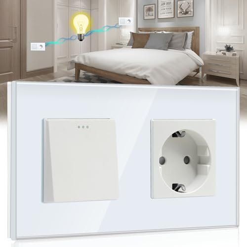 BSEED Interruptor de pared con Enchufe,1 Gang 2 Vías Interruptor conmutador+16A Schuko Enchufe,16A Blanco Interruptor de luz botón pulsador con cristal marco de cristal,Enchufes de pared para Cocina
