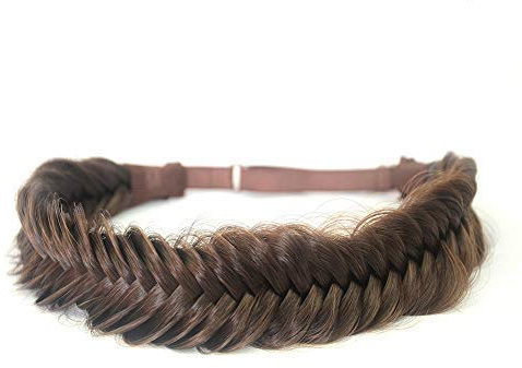 Bobiya Breites Fischschwanz-Haarband aus Kunsthaar, geflochten, klassisch, grob, elastisches Stretch-Haarteil, für Damen und Mädchen, Dunkelbraun