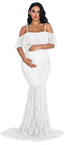 ZIUMUDY Fitted Lace Maternity Gown Ruffle Sleeve Mermaid Off Shoulder Photography Dress Baby Shower (Medium, White)