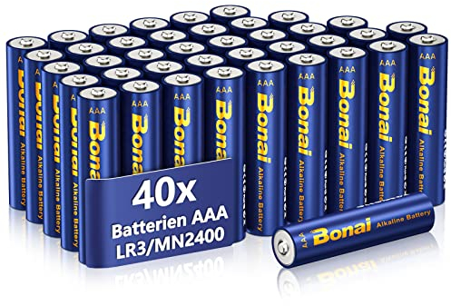BONAI Piles AAA Alcalines, Lot de 40 Longlife Batteries 1.5 V Micro LR03, idéales pour réveils, thermomètres, éclairage décoratif