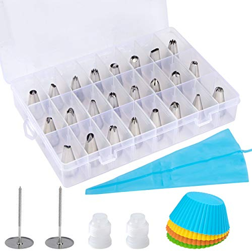 Douille Pâtisserie Kit 24 Kits de Buses de Tuyauterie de Gâteau en Acier Inoxydable avec 1 Poche à Douille Réutilisable 2 Coupleurs 2 Clous de Fleurs et 4 Moules à Cupcakes en Silicone 33 Pièces