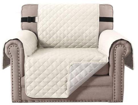 H.VERSAILTEX Chair Slipcover Reversible Chair Cover Water Resistant Couch Cover Washable Chair Cover Non-Slip Fabric Furniture Protector with Elastic Strap for Pets(Armchair, Ivory/Beige)