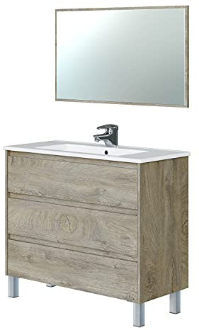 ARKITMOBEL Mueble de Baño con 3 Cajones y Espejo, Modulo Lavabo, Modelo Dakota, Acabado en Roble Alaska, Medidas: 100 cm (Ancho) x 86 cm (Alto) x 45 cm (Fondo)