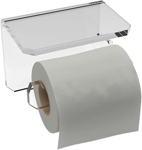 Agplex Porta carta igienica adesivo da parete con mensolina porta cellulare, Porta carta igienica da muro in vetro acrilico trasparente (inserimento rotolo da sinistra verso destra) - Made in Italy