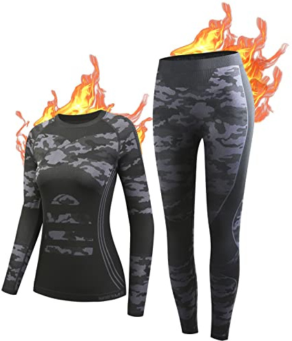 NOOYME Thermounterwäsche Damen Funktionsunterwäsche Warm & Atmungsaktiv Funktionswäsche Thermo Unterwäsche Skiunterwäsche für Winter Sport, Schwarz-Tarnung M
