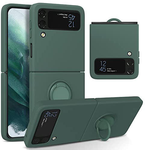 UEEBAI Silicone Case with Ring for Samsung Galaxy Z Flip 3 5G, Lightweight Foldable Slim Case Shock Absorption Slim Cover with Ring 360 Degree Rotation Stand Protective Cove - Army Green