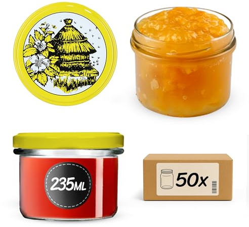 KADAX Lot de 50 petits bocaux de 235 ml, en verre fi82, mini bocaux pour miel et épices, pots à confiture avec couvercle, bocaux hermétiques à offrir (ruche d'abeille 50 pièces)