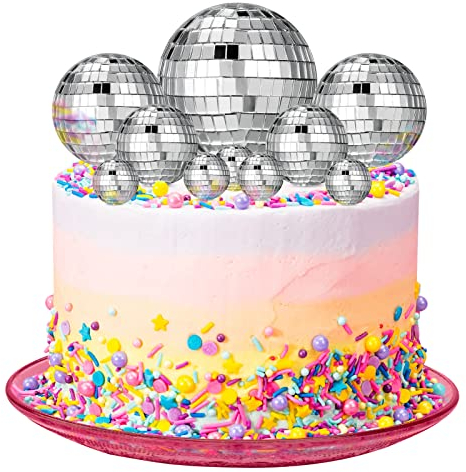 Yorgewd Disco Ball Cake Decorations, 10 PCS Disco Ball Cake Toppers Cupcake Toppers 1970s Disco Themed Cake Toppers for Disco Theme 70's Party Supplies (4 Size), Silver