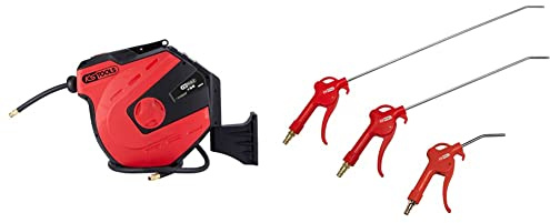 KS Tools 515.3440 Automatischer Druckluftschlauch-Aufroller, Ø 10mm x 15m & 515.1921 Druckluft-Ausblaspistolen-Satz, 3-tlg., 95-510 mm