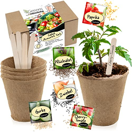 Hinrichs Greens Gemüse Anzucht Set - Salat Anzuchtset - 5 Gemüsesorten - Zwiebel Samen Paprika Samen Salat Samen - Gemüsesamen Set - Samen Gemüse mit Anzuchterde - Kinder Geschenk Garten Saatgut