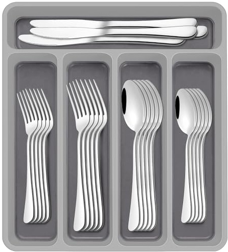 60-Piece Silverware Set with Organizer,AIVIKI Stainless Steel Flatware Set for 12,Cutlery Utensil Sets for Home Restaurant,Tableware Set Include forks spoons and knives,Mirror Polished,Dishwasher Safe