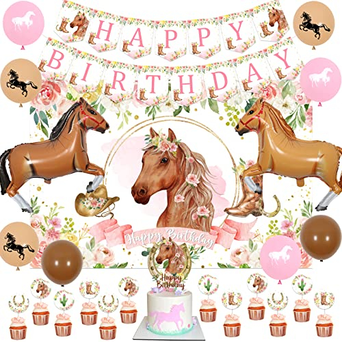 Pferd Geburtstag Party Dekorationen Kit für Mädchen - Pferd Themen Banner & Fotohintergrund, Pferd Kuchen Cupcake Topper, Racing Horse Ballons, Pferd Western Cowgirl Happy Birthday Party Supplies