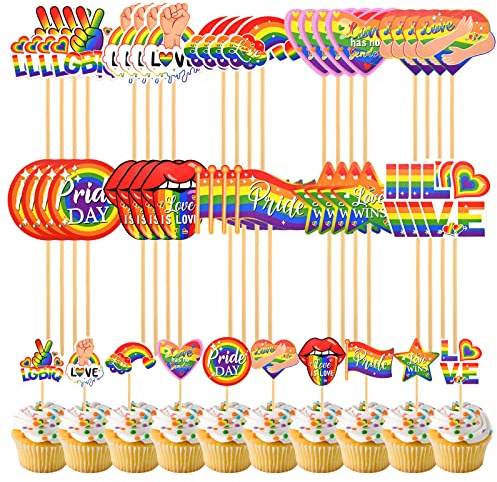 Pack of 40 Rainbow Pride Cupcake Toppers Rainbow Flag Cake Toothpick Cocktail Sticks Tableware Party Supplies for Gay Pride Month Decorations, Support LGBTQ Stuff Accessories