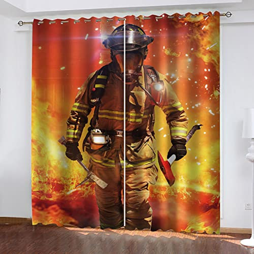 MAYNUO Blickdichte Vorhänge Mit Motiv 3D Feuerwehrmann Druck Kinder Gardinen Blickdicht Ösen Gardine Thermo 264x214 cm Schlafzimmer Kinderzimmer Vorhänge Dekoratives Muster, Verdunklungsvorhänge